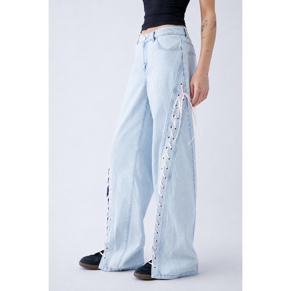 PacSun Bow Ribbon Lace Up Low Rise Baggy Y2K Jeans Light Indigo Sz 22 Fairycore